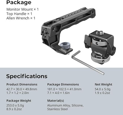 SMALLRIG Top Handle with Monitor Mount Kit, with 3/8"-16 Locating Holes for ARRI, 5 Built-in Cold Shoe, 360° Swivel and 180° Tilt Adjustable Monitor Holder with Thumbscrew, Anti-Twist Design - 5322