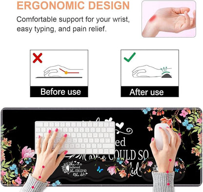 Ergonomic Keyboard Wrist Rest & Mouse Pad Wrist Rest Set, Large Gaming Desk Mat 31.5"x 11.8" with Memory Foam, Easy Typing Pain Relief for Home & Office, Floral Quote She Believed She Could So She Did