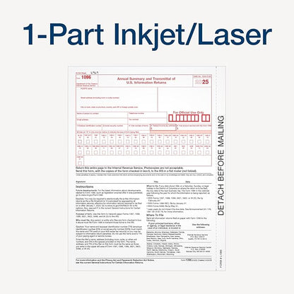 Adams 1096 Forms 2025, 1-Part Summary Transmittal Forms for 25 Recipients, Compatible with Inkjet & Laser Printers, 25 Sets per Pack, IRS Compliant (1017226)