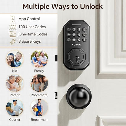 VCHOO Keyless Entry Door Lock with Handle, App Control Door Locks for Front Door, Auto Lock Keypad Door Lock with Handle, Smart Door Lock for Home Hotel Bedroom with 2 Door Knobs