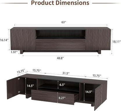 Epecoya TV Stand with Storage Cabinets for Living Room, Modern Wood Fluted TVs Media Console for 55/60/65 Inch TVs, Mid Century Television Stands with Drawer and Open Shelve for Bedroom, Dark Walnut