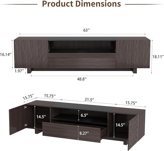 Epecoya TV Stand with Storage Cabinets for Living Room, Modern Wood Fluted TVs Media Console for 55/60/65 Inch TVs, Mid Century Television Stands with Drawer and Open Shelve for Bedroom, Dark Walnut