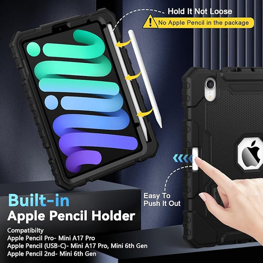 Grifobes Case for iPad Mini 7 (A17 Pro) 2024 / Mini 6 2021 8.3 inch, Heavy Duty Shockproof Rugged Cover with Pencil Holder Stand, for I Pad Mini 7th/6th Gen 8.3" Case for Kids Boys (Black)