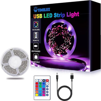 Timelux 20ft LED Strip Lights Color Changing Mood lamp USB 5V Operated RGB 5050 LED Tape Lights Bedroom, Kitchen Cabinet Light with IR Remote Controller and Dimmable