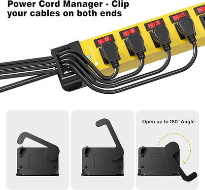 Power Strip with Individual Switches - 8 Outlet Heavy Duty Power Strip with Cord Manager,1200J Surge Protector Home Office Garage Industrial Workbench