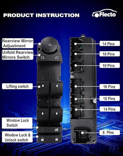 Flecto 20835552 Master Power Window Switch Driver Side with Door Lock Compatible with 07-14 Chevy Silverado Suburban Tahoe GMC Yukon Sierra 2009-2014 Escalade, Replaces 25783950, Door Lock Control