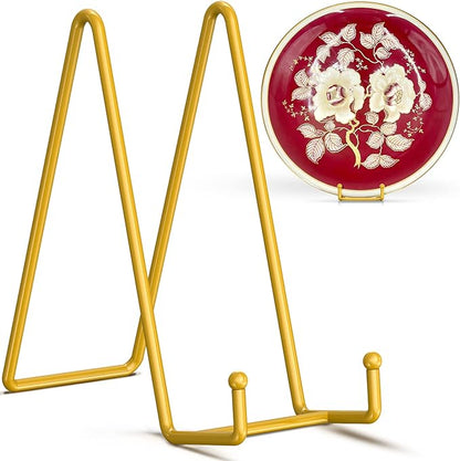 TR-LIFE 10 Inch Large Plate Stands/Holder for Display - Metal Picture Frame Holder Stand + Small Easels for Decorative Plate, Platter, Book, Plaques, Photo, Tabletop Art (Gold 2 Pack)