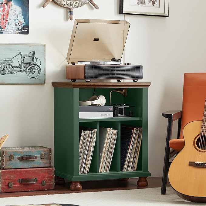 Joaxswe Record Player Stand with Charging Station Up to 200 Albums, 24" Wide Mid-Century Record Player Table with Vinyl Record Storage,Large Wood Turntable Stand Dispaly Cabinet for Living Room,Green