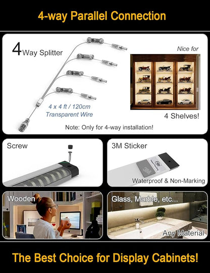 EBD LED Under Shelf Lights, 4-Way Parallel Light Bar, 12-Panel Cabinet Lighting, 6500K 5400Lm Counter Lights with Slack-Free Wiring, Maximized for Spacious 4-Layer Showcase, Bookcase & Storage Rack