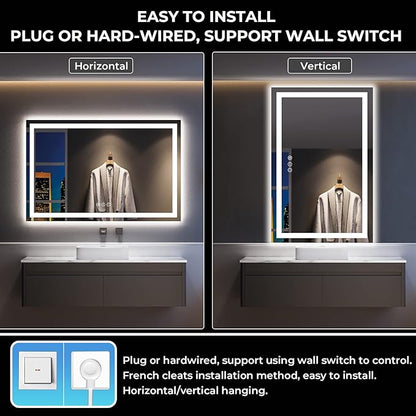 YEELAIT 55x36 Inch LED Bathroom Mirror with Lights Front and Backlit Lighted Vanity Mirror for Bathroom Wall with 3 Colors Dimmable Anti-Fog Memory Shatter-Proof IP54 Waterproof Horizontal/Vertical