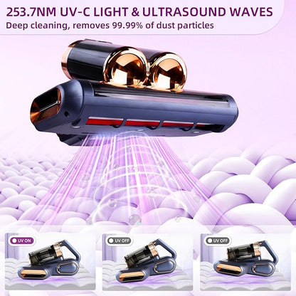 BESTING Mattress Vacuum Cordless with 16Kpa Suction & HEPA Dust Cups, 253.7nm UV-C Light & Ultrasonic, Low Noise Widened Suction Port Handheld Vacuum for Bed Pillows Couch Car Seat Rugs, Deep Blue