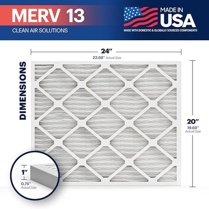 BNX TruFilter 20x24x1 Air Filter MERV 13 (4-Pack) - MADE IN USA - Electrostatic Pleated Air Conditioner HVAC AC Furnace Filters for Allergies, Pollen, Mold, Bacteria, Smoke, Allergen, MPR 1900 FPR 10