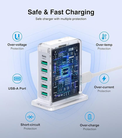 USB Charger Block, 45W 6-Port Charging Station for Multiple Devices, USB A and Type-C Charger Tower Fast Charging Dock Hub Power Strip for iPhone iPad Tablets Android Smartphones, Home Office Use