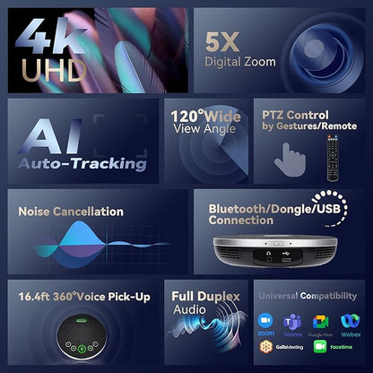 TONGVEO 4K Conference Room Camera System, AI Auto-Tracking PTZ Camera 5X Digital Zoom with Speakerphone Set 120° Wide-Angle USB3.0 for Zoom YouTube Teams OBS and More