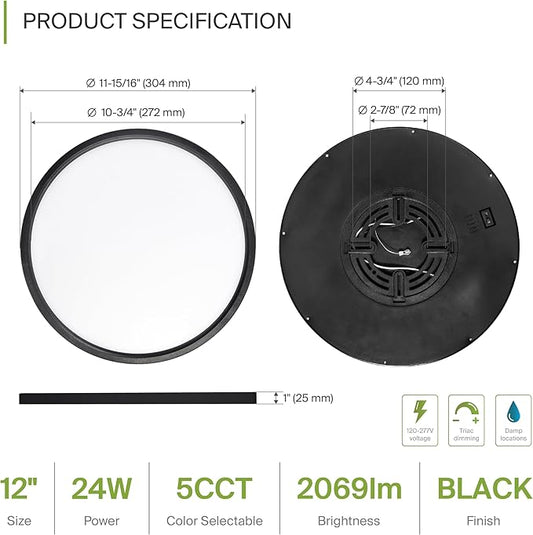 ASD LED 12" Round Flush Mount Ceiling Light Fixture, Low Profile Surface Lighting | 5CCT, Dimmable, Ultra-Thin, ETL Listed | 24W 2000LM 2700-6000K 100-277V | Kitchen, Hallway Lamp | Black, 4 Pack