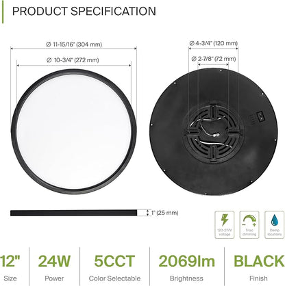 ASD LED 12" Round Flush Mount Ceiling Light Fixture, Low Profile Surface Lighting | 5CCT, Dimmable, Ultra-Thin, ETL Listed | 24W 2000LM 2700-6000K 100-277V | Kitchen, Bedroom, Hallway Lamp | Black