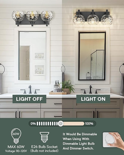 METWET Bathroom Light Fixtures Over Mirror, 3-Light Matte Black Vanity Light with Clear Hammered Glass Globe Shade, Modern Sconces Wall Lighting for Bedroom Hallway, VL200-MB-3