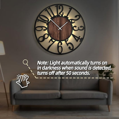 LEIKE Large Wall Clocks with Night Light Battery Operated,Silent Non Ticking,Rustic Modern Big Wood Clock for Living Room, Bedroom,Kitchen,Farmhouse,Office,Home Decor-30 Inch(Black-Arabic Number)