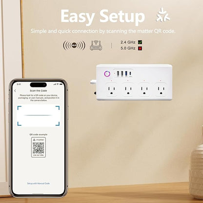 Matter Smart Power Strip,WiFi Flat Plug Strip with 4 Smart Outlets and 4 USB Ports, Voice/APP Remote Control,5 Ft Extension Cord Surge Protector,Compatible with Alexa, Apple HomeKit and Google