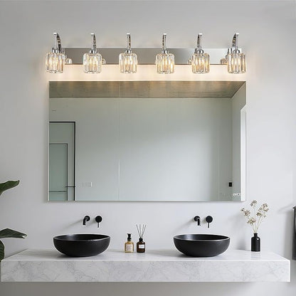 FDPBY 6-Light Crystal Vanity Light, Chrome Modern Wall Sconce with K9 Crystal Shades, 51.18" Long Over Mirror Lighting for Bathroom, Makeup, Hallway, Elegant & Easy Install