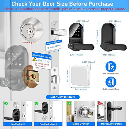 Smart keypad Door Lock with Handle，Fingerprint Keyless Entry Digital Lock with Built-in doorbell for Front Door,Bedroom,biometric Door knob,with Gateway Remote APP Control