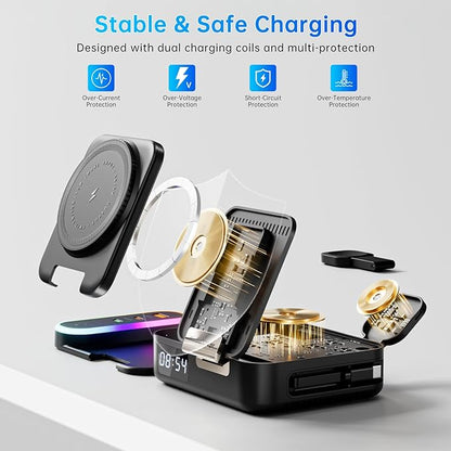 Qi2 Wireless Charger 8in1 Magnetic Wireless Charger Fast Charging Station for iPhone, 65W Fast Foldable Charger with LED Clock, USB-C/A Ports, Multi-Device Charging, Travel charged, MagSafe Compatible