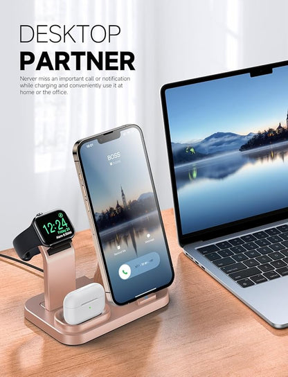 Wireless Charging Station 3 in 1 RJR Compatible with Apple Devices, Charging Dock for iWatch, Built-in Wireless Charger Stand for iPhone Series AirPods Gifts (with 18W Adapter) Rose Gold