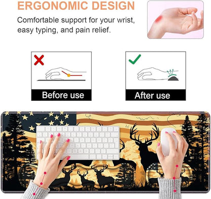 Ergonomic Keyboard Wrist Rest & Mouse Pad Wrist Rest Set, Large XXL Gaming Desk Mat 31.5"x 11.8" with Non-Slip Base, Memory Foam, Easy Typing Pain Relief for Home & Office, American Flag Deer