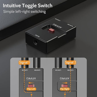 Cubilux 3.5mm Audio Selector, Bidirectional 2-In-1-Out or 1-In-2-Out 1/8-in TRS Headphone Switcher, Ultra-Compact Aluminum Case Passive Toggle A/B AUX Switch Box for PC