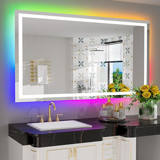 YEELAIT 57x36 Inch RGB LED Bathroom Mirror Front Light and RGB Backlit Lighted Vanity Mirror for Bathroom Wall Mounted Dimmable Anti Fog Memory Shatter-Proof IP54 Waterproof Horizontal/Vertical