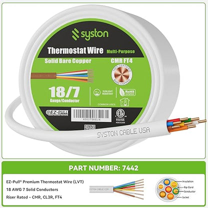 Syston 18/7 Thermostat Doorbell HVAC Heating Control Cable Wire, 100% Solid Copper Conductors CL3R/FT4/CMR Riser-Rated UL/ETL Listed, UV Resistant RoHS for Indoor/Outdoor Low Voltage Applications Use