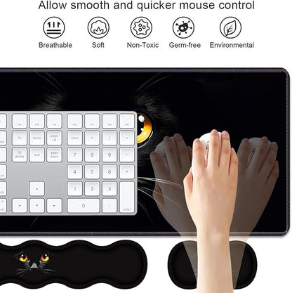 4 in 1 Ergonomic Keyboard Wrist Rest & Mouse Pad Wrist Rest Set, Large XXL Gaming Desk Mat 31.5"x 11.8" with Non-Slip Base, Memory Foam for Home Office Study Gaming, Black Cat Face