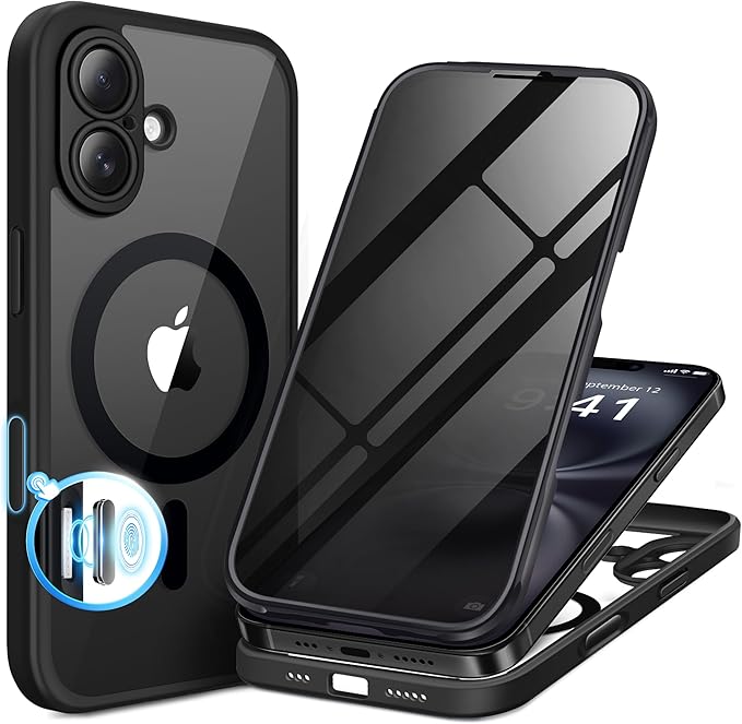 BERFY Magnetic for iPhone 16 Case, Compatible with MagSafe, Built-in Privacy Screen Protector and Upgraded Camera Protection, Anti-Spy Full Body Shockproof Phone Case for 16 6.1", Black