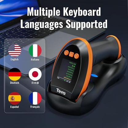 Tera Barcode Scanner Wireless with Screen: Pro Version 1D 2D QR with Setting Keypad Charging Cradle Works with Bluetooth 2.4G Wireless USB Wired Handheld Bar Code Reader HW0009