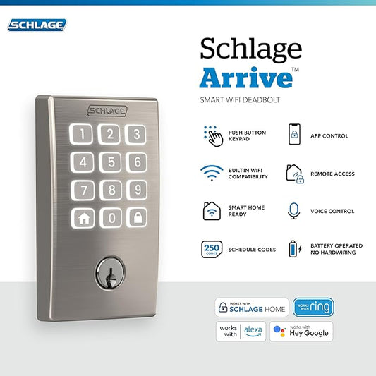 Schlage Arrive WiFi Deadbolt Smart Lock, Keyless Entry Door Lock with Century Trim, Satin Nickel, Compatible with Alexa and Google, BE459WB CEN 619