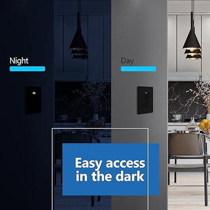 LIDER Minimalist Design Matte Finish Lighted Decorator Switch, Frameless Paddle Light Switch with Locator Light, Grounding Screw, 15A 125V, UL Listed, LS15-1P-BK2P, Black, 2 Pack