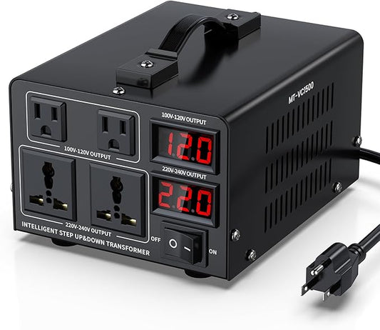 1500W Voltage Converter Transformer(110V to 220V or 220V to 110V) Step Up/Down Converter 110/120 Volt - 220/240 Volt w/US Power Cord,Circuit Breaker Protection, LCD Screen Display, Manual Setting