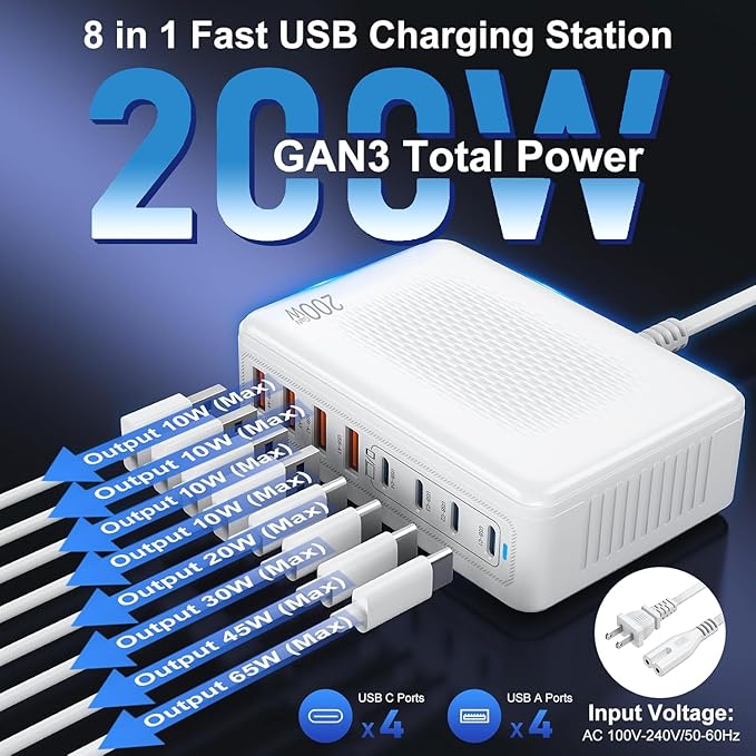 USB C Charger Block Charging Station - 200W Fast GaN 8-Port Multiple USB Charging Hub,65W Laptop Charger Compatible with MacBook Pro/Air,iPad,iPhone 16/15/14, Samsung S25/24,DELL,Steam Deck,5ft Cord