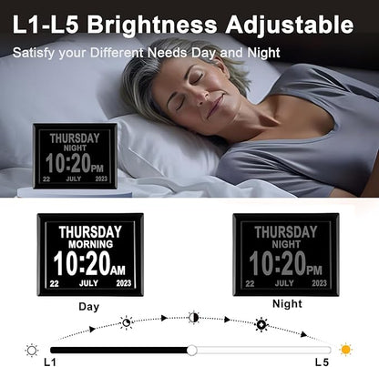LaMi Products 7.85 Inch Dementia Clock for Seniors - Extra Large Display Digital Wall Clock with Day & Date, 12 Custom Alarms - High Contrast for Low Vision, Memory Care (Black)