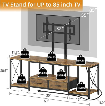 LED TV Stand with Mount and Power Outlet & Fabric Drawers for 32-85 Inches TV - Entertainment Center and Industrial TV Console Table for Living Room , Bedroom 63" Rustic Brown (MAX VESA 600mm × 400mm)