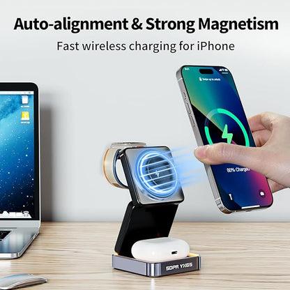 2025 Upgraded 3-in-1 Magnetic Wireless Charger,Charging Stand,Charging Station,for iPhone 12-16,iWatch,AirPods,Ultra-Safe, Foldable, with Adjustable Night Light & Included Adapter