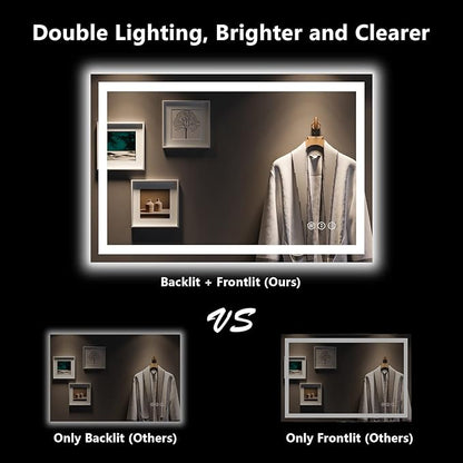YEELAIT 48x32 Inch LED Bathroom Mirror with Lights Front and Backlit Lighted Vanity Mirror for Bathroom Wall with 3 Colors Dimmable Anti-Fog Memory Shatter-Proof IP54 Waterproof Horizontal/Vertical