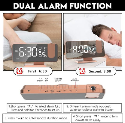 Mightree Projection Alarm Clock for Bedroom, Digital Alarm Clock with USB Charger, 7.4" Large LED Mirror Display Radio Alarm Clock, Dual Smart Alarm with Projection on Ceiling, Rose Gold