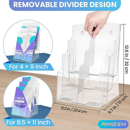 AMGSH 3 Tier Brochure Stand - Acrylic Literature Holder with Removable Divider for 4' x 9' Brochure, Clear Flyer Holder Pamphlet Display Stand