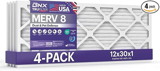 BNX TruFilter 12x30x1 Air Filter MERV 8 (4-Pack) - MADE IN USA – Dust & Pet Defense Electrostatic Pleated Air Conditioner HVAC AC Furnace Filters for Dust, Pet, Mold, Pollen MPR 600 – 700 & FPR 5