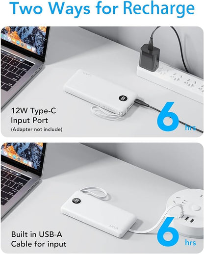 VRURC Portable Charger Power Bank, 10000mAh Travel Essentials Battery Pack, 5 Outputs 2 Inputs Slim Charing Bank Built-in Cables Cords Wires Compatible with iPhone,Samsung,Android-White(1 Pack)