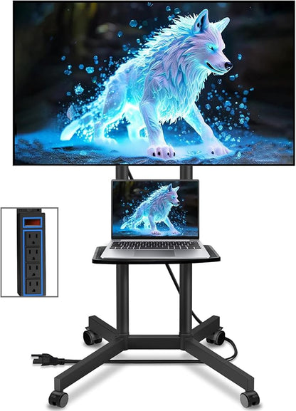 Solid Grace Rolling TV Stand with Power Outlet for 32-75 Inch TVs up to 88lbs, Portable TV Stand with Shelf, Mobile TV Cart for Living Room, Office, Meeting Room, Outdoor(with Power Outlet+Shelf)