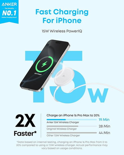 Anker Zolo Magnetic Wireless Charger, Qi2 Certified 15W MagSafe-Compatible Wireless Charging Pad, for iPhone 16/15/14/13 Series, AirPods, and More (Adapter Not Included) (White, 1 Pack)