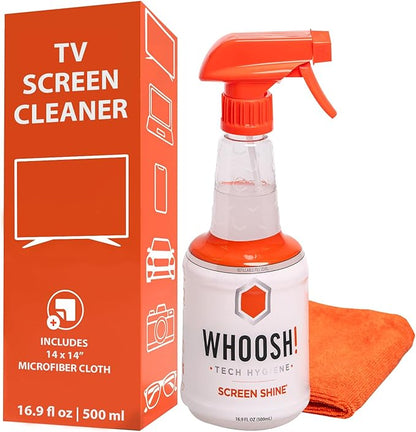 WHOOSH! Pro 16.9 fl oz Refillable TV Screen Cleaner & Microfiber Cloth - Streak-Free Cleaner for Flat Screens, OLED, LCD, Smart TV, Monitors - Non-Toxic, Odorless - Electronics Cleaning Kit
