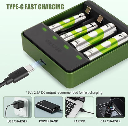 RECYKO AA AAA NiMH Battery Charger, 4 Individual Bay Charger for Nickel Metal Hydride Rechargeable Batteries, Type-C Connection, PD Compatible, Fast 1-Hour Charging, Safety Protection & Auto Cut-Off